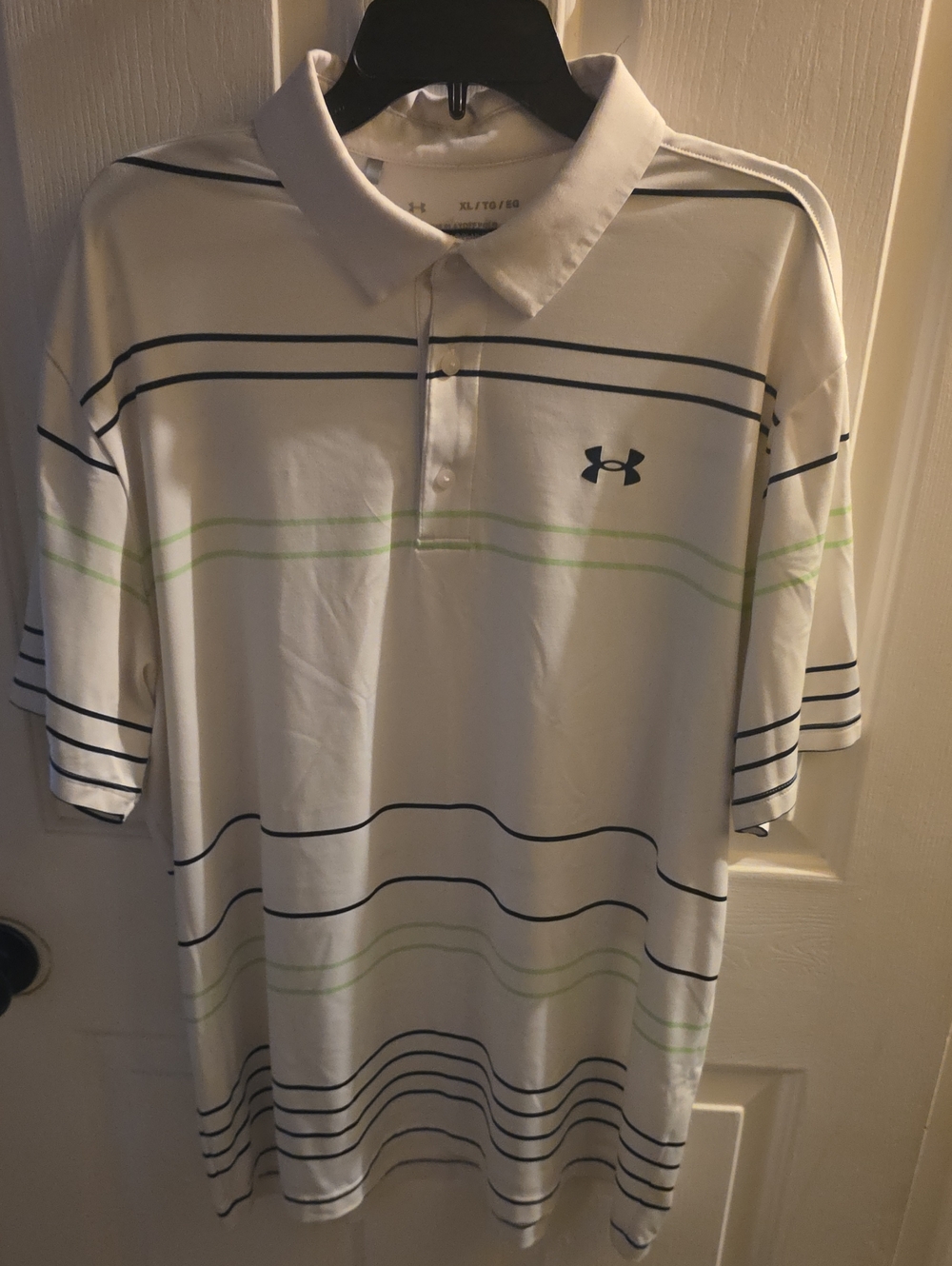 Under Armour White Polo with Navy and Light Green Stripes
